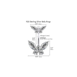 Musegetes Sterling Silver Belly Button Rings, Real 925 Sterling Silver, 14G Sterling Silver Navel Rings, High Polished Smooth Surface, Resists Allergy, 925 Silver Belly Piercing, Double Butterfly S5