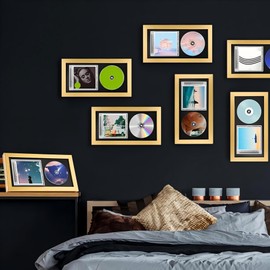 Dunkive 1 Pc 13.7" x 7.5" CD Frame Display Case with Shatter-Resistant Glass, Double Groove Record Album Frame, Self Standing with Wall Hanger, Imitation Wood Polystyrene, Home Decor (Gold)