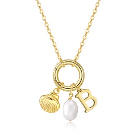 Initial Charm Necklace for Women Shell Necklace Pearl Necklace 14K Gold Plated Letter Pendant Necklace Dainty Seashell Necklace Beach Jewelry Gifts (B)
