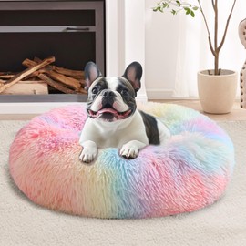 JOLLYVOGUE Small Calming Dog Bed, Anti-Anxiety Donut Cuddler Cat Bed with Anti-Slip Bottom, Fluffy Faux Fur Machine Washable Pet Cushion for Small Medium Dog & Cat, 20"/Rainbow