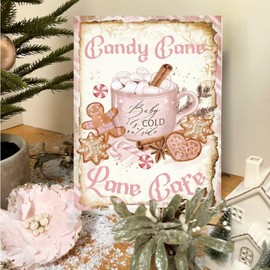 Metal Tin Signs Pink Candy Cane Lane Cafe poster, Hot Chocolate Print, Christmas Home Decor, XMAS, Hot Chocolate Station, Holiday, Candy Cane Print 12x8 Inch Plaque