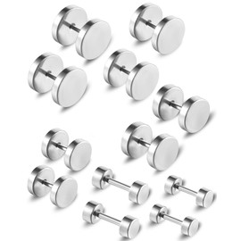 KGDUYC 6 Pairs Dot Stud Earrings Stainless Steel Stud Earrings Set for Men, Punk Rock Stud Earrings Men's Earrings Set, Black Round Flat Stud Earrings Hypoallergenic Earrings (4-10mm) - Silver