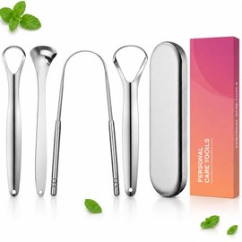 Janety Limpiador de Lengua de Acero Inoxidable, Set de 4 Raspadores de Lengua Reutilizables con Estuche de Transporte para Higiene Bucal y Aliento Fre