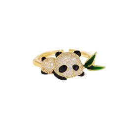 Tckyi Crystal Rhinestone Panda Ring with Bamboo Leaf, Gold Plated, Adjustable Size