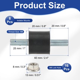 PATIKIL M8 25x20mm Rubber Isolator Mounts, 8 Pcs Rubber Studs Shock Absorber Anti-Vibration Isolation Damping Mounts with Lock Nuts for Motor, Air Compressor, Engines (60mm Height)
