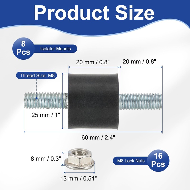 PATIKIL M8 25x20mm Rubber Isolator Mounts, 8 Pcs Rubber Studs