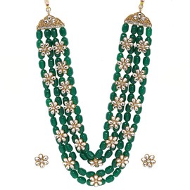 Aheli Kundan Pearl Long Multi Layered Collar Aretes Set Indian Wedding Jewelry para mujeres niñas (verde)