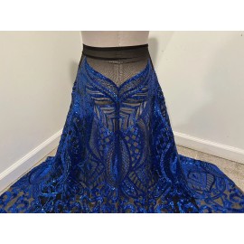wowfabric4less123 Royal Black 4way stretch sequins Embroidery Mesh Lace fabric 50” Width 1 Yard