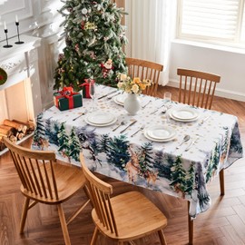 Cylanta Christmas Tablecloth 60×84 Inch for Rectangle Tables, Watercolor Snowman Deer Trees Washable Table Cover for Holiday Home Party Dining Decor