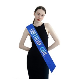 MGJSRNH 'Birthday Girl' Sash with Silver Iridescence Foil - Glitter Satin Blue Sash for Women-Happy Birthday Sash for Sweet 16,18th 21st 25th 30th 40th or Any Other Bday Party Supplies