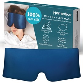 Homedics 100% Silk Sleep Mask, Mulberry Silk, Total Blackout, Nonslip Grip, Adjustable Strap for Custom Fit, Hand Washable, Comfortable for Travel & Home - Midnight Blue