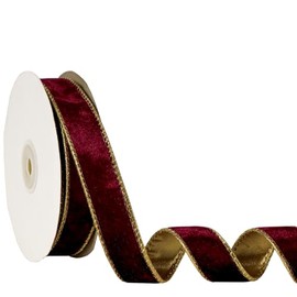 1 Inch Burgundy Velvet Ribbon with Golden Back,2.5cm x 10 Yards, Double Sided Christmas Wired Ribbons for Xmas Tree Decoration Gift Wrapping Wreaths Bow Making DIY Crafts,