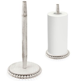 Farmhouse Paper Towel Holder Washed Beaded Paper Towel Stand Wood Paper Hanger Rack Standing Towel Roll Stand Organizer Paper Roll Holder Roll Dispenser for Kitchen Bathroom Countertop Cabinet, White