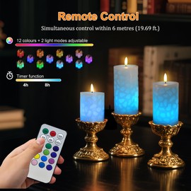 AVEKI Flickering Flameless Candles, 4" 5" 6" Set of 3 Color Changing Battery Operated Candles with Remote & Timer, LED Fake Pillar Candle for Party Wedding Home Decor Holiday Decor (Water Cube)