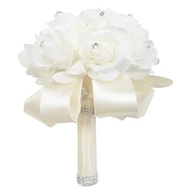 Eternal Blossom Wedding Bouquet, Crystal Pearl Silk Rose Bride Bridesmaid Wedding Holding Roses, 25 * 20cm Artificial Fake Flowers for Wedding Parties and Churches (Milk White)