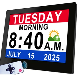 Véfaîî 19 Alarms Dementia Clock 8 Inch Large Display, Auto DST, 10 Levels Auto Dimmable, Non-Abbreviated Date and Day Calendar Clock for Seniors, with Power Adaptor, Picture Frame Feature