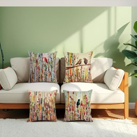 Spring Birds Pillow Covers 18x18, Art Birds Pillow Case, Summer Cushion Case Garden Cushion Covers for Holiday Home Seasonal Party Summer Decoration, 4 Pack