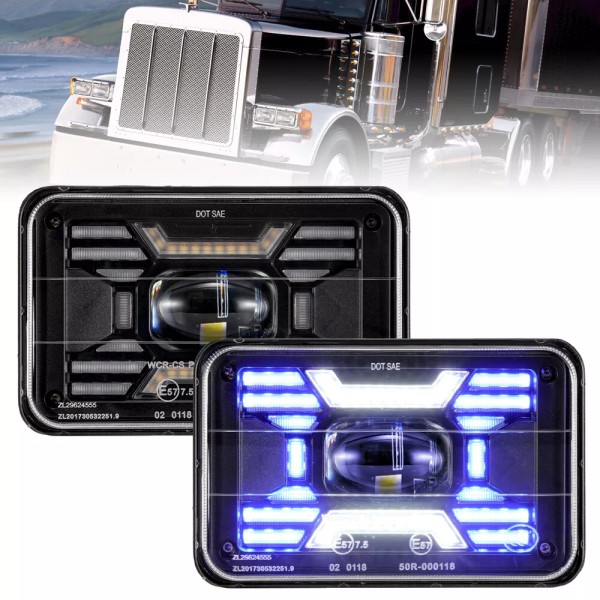 Ironwalls Pair 4x6" Led Headlights White Blue DRL & Amber