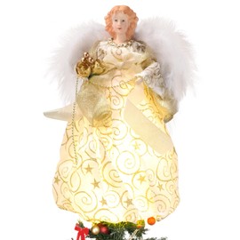 Christmas Angel Tree Topper, 32 cm High Angel Christmas Tree Topper, Christmas Tree Topper, Angel with Feather Wings, Christmas Angel Decoration, Christmas Tree Topper with Warm Yellow Fairy Lights,