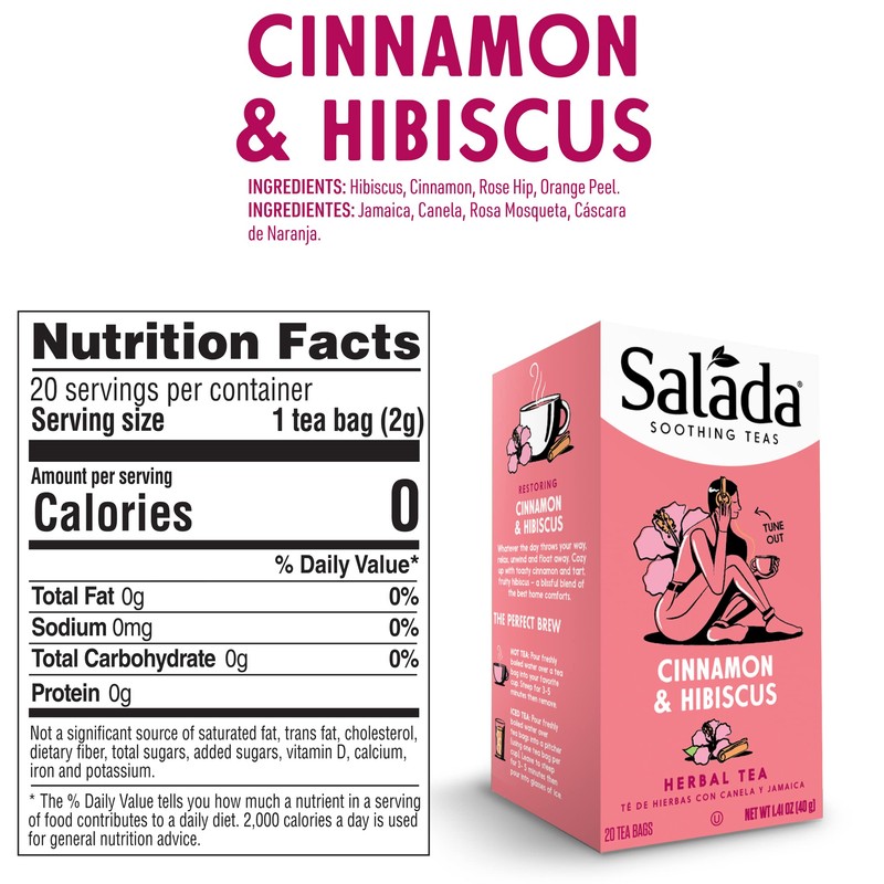 Salada Soothing Teas, Cinnamon & Hibiscus Herbal Tea 20 Individually