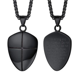 Put On The Full Armor of God Shield Necklace Black Pendant Chain Catholic Christian Jewelry Bible Verse Joshua 1:9b Religious Men Women Cross