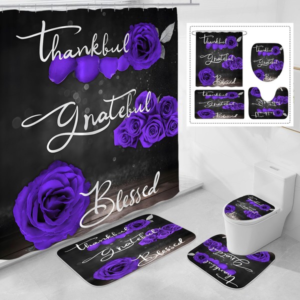 Litabel 4 Pcs Purple Rose Shower Curtain Set with Non-Slip