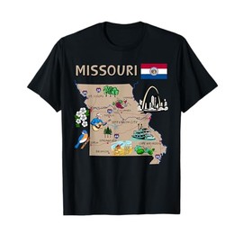 Map of Missouri Landmarks, major cities, roads, flag T-Shirt