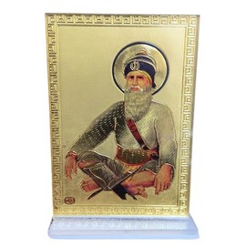 Baba Deep Singh Ji Sikh Religious Photo Frame With Stand | Golden Shiny | For Car Dashboard,Home And Mandir (2.8x0.8x3.8 inches.)