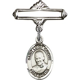 Sterling Silver Baby Badge with St. Luigi Orione Charm and Polished Badge Pin 1 X 5/8 inches