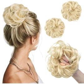 2PCS Beach Blonde Updo Messy Bun Hair Hair Piece Synthetic Wavy Curly Scrunchies Ponytail Extension,Synthetic Donut Updo Hair Pieces for Women Girls