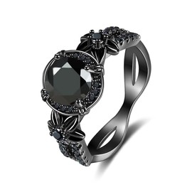 Tsnamer - Anillo de compromiso gótico negro para mujer, topacio de arco iris místico con flor de amatista creada, gótico, oro negro, talla 6 a 11, 12, Metal, Zirconia cúbica