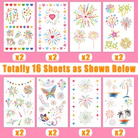 Leesgel Fireworks Tattoo Children for Festival Accessories, 16 Sheets Temporary Tattoos for Children Girls Boys with Fireworks Butterfly Heart, Party Bag Children's Birthday Decoration Small Gifts Children