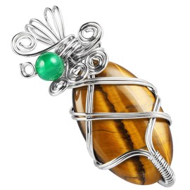 KYEYGWO Crystal Stone Pendant Necklace Wire Wrapped Energy Healing Pendant with Chain for Chakra Balancing, Tiger's Eye, stone