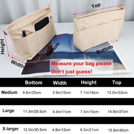 Time Wing Purse Organizer Insert Tote Handbag Organizer Pocketbook Divider Bag in Bag Shaper Liner Multi Pockets Compartments Zippers Key Chain Medium Beige