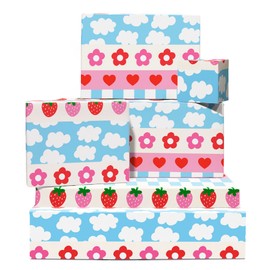 Striped Wrapping Paper - 6 Sheets Of Trendy Birthday Gift Wrap For Her - Cloud Flower Heart Gingham Strawberry Design - Comes With Stickers - Recyclable - By Central 23