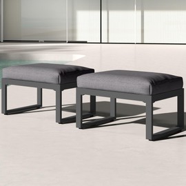 RoyalCraft 2 Pieces Aluminum Outdoor Patio Ottoman Set, Outdoor Foot Stools with Thick Cushion, Small Seat Furniture for Porch Balcony Backyard, Grey