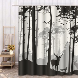 Semtomn Decorative Shower Curtain Silhouette of Pine Forest Family Deer and Birds Brown 72"x72" Waterproof Tree Bathroom Shower Curtain Set with Hooks