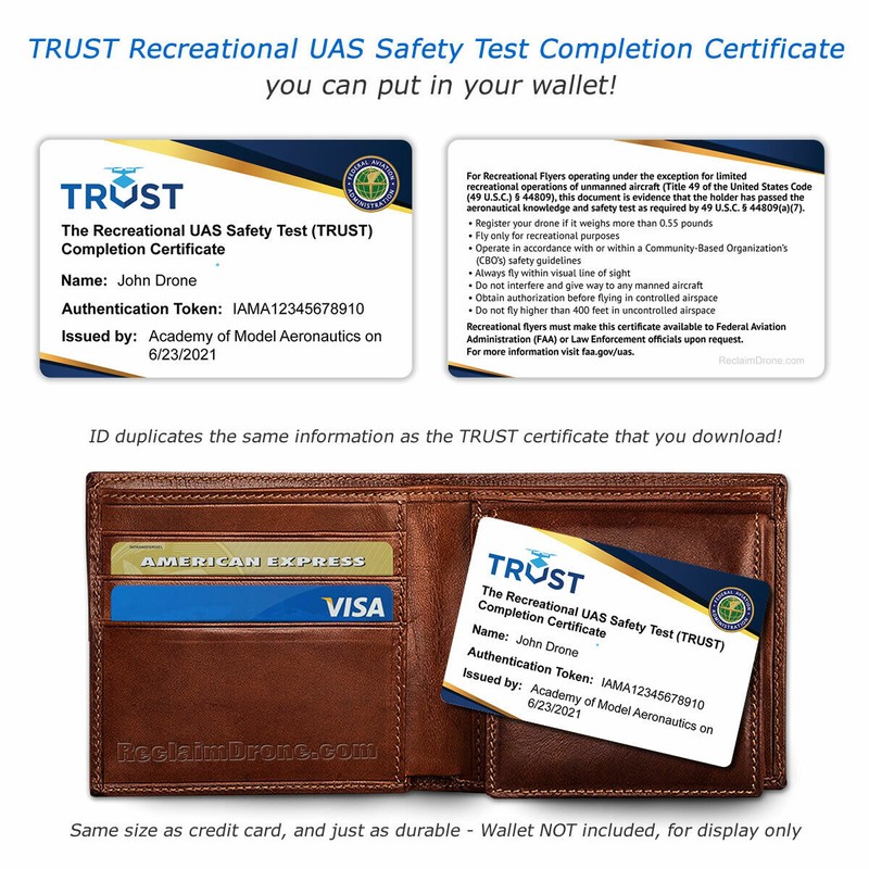 ReclaimDrone.com TRUST - Recreational UAS Safety Test Completion Certificate card