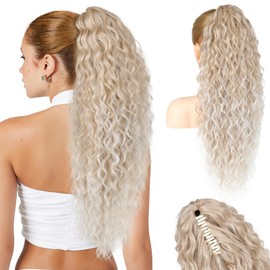 SEIKEA Ponytail Extension, 26" Claw Clip Ponytail Extension Long Lightweight Fluffy Curly Clip on Ponytails for Women Multi Layered Fake Pony tails Hair Extensions Light Ash Blonde Highlights