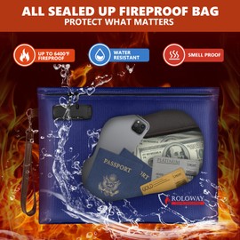 ROLOWAY Fireproof Document Bag (14.5 x 11.5 inch), 6400℉ Fireproof Money Bag with Zipper for Cash, Fireproof Bag Money Pouch, Fire Safe Cash Bag Banker Bag, Smell Proof Money Bag with Lock (Blue)