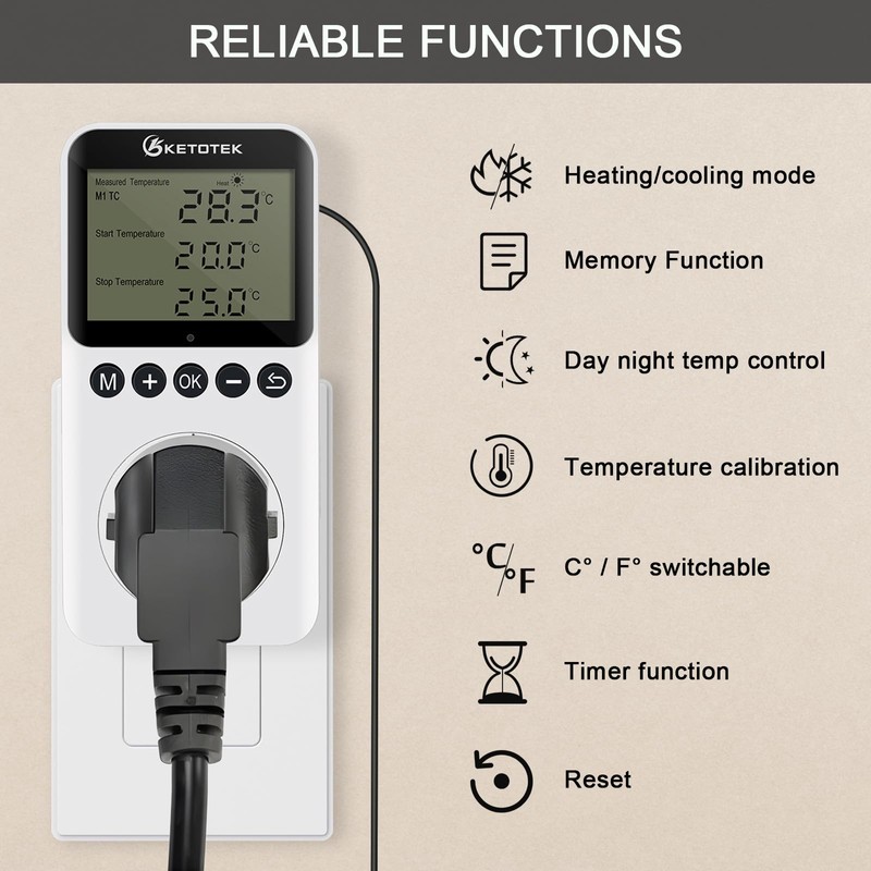 KETOTEK Day and Night Temperature Controller Thermostat Plug with Sensor