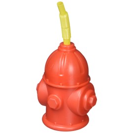 Fun Express Pack of 8 Straw Fire Hydrant Cups with Lids, Reusable 9 oz, BPA Free Plastic, Fire Truck Party Supplies Cups and Firefighter Birthday Party Favors for Kids, Red
