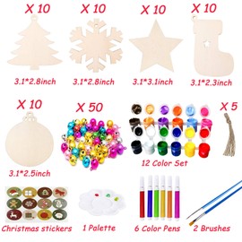 51Pcs Unfinished Wooden Christmas Ornaments 5 Styles Tree Ornaments Decorations DIY Arts and Crafts Christmas Crafts for Kids with 50 Colorful Bells 6 Color Pens 2 Color Paint Set 1 Gift Box