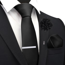 Branduce Black Tie for Men Wedding Solid Satin Silk Blend Necktie Pocket Square Tie Clip and Lapel Pin Brooch Set (TA14-24)
