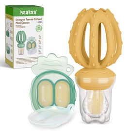 Haakaa Octopus Baby Fruit Food Feeder & Mini Freezer Nibble Tray Combo, Breastmilk Popsicle Molds for Cooling Relief, BPA Free Silicone Feeder for Safe Infant Self Feeding, 4 Month+（Mustard）