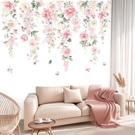 wondever Wall Sticker Flowers Pink Large Wall Sticker Peony Hanging Vine Flowers Leaves Wall Sticker Wall Decoration for Girls Bedroom Living Room