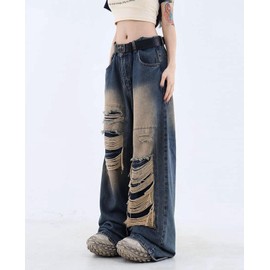 Lafaguw Baggy Jeans for Women Men Ripped Straight Leg Pants High Waisted Distressed Jeans Y2K Grunge Summer Clothes.(Blue1-XS)