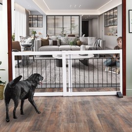 ZJSF Free Standing Indoor Dog Gate for The House Expandable Freestanding Dog Gates Indoor Wood White Expandable Pet Gate Adjustable Extra Wide Puppy Gates 20 inches Tall Width from 28 to 48 inches