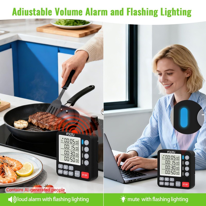 Digital Dual Kitchen Timer, 4-Channel Magnetic Countdown Timer for Cooking