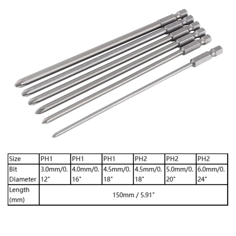 6-Piece Phillips Screwdriver Long Bits 150 mm 1/4 Inch Magnetic